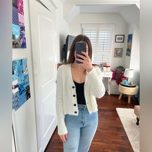 White LE LIS Fuzzy Crop Sweater